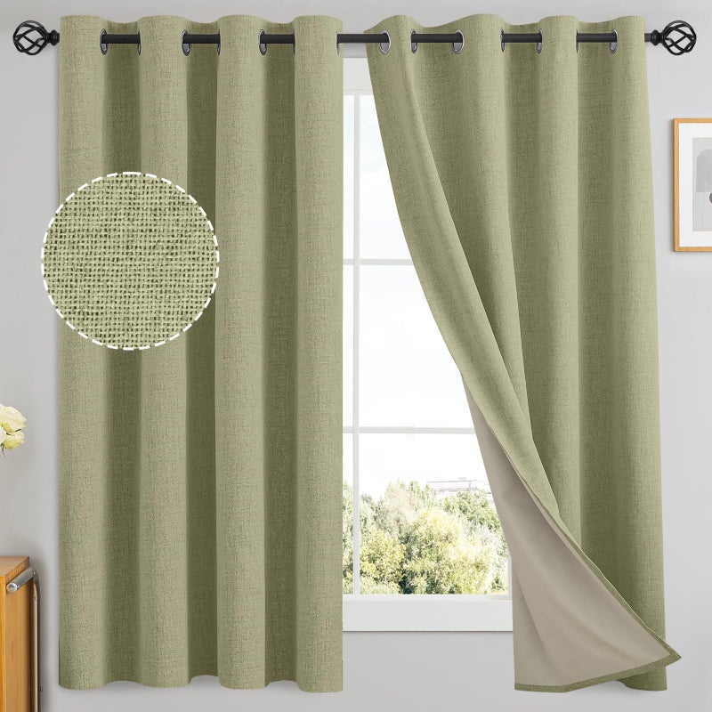 Yakamok Sage Green Linen Curtains 100% Blackout 63 Inches Long,Room Darkening Textured Curtains for Living Room Thermal Grommet Bedroom Curtains 2 Panels with Greyish White Liner - Image 1